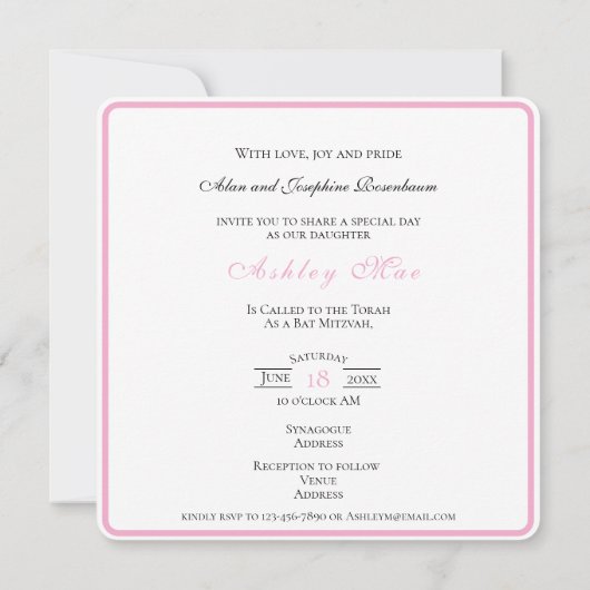 Bat Mitzvah Roze Satijnen Vlinder Glitter Kaart (Achterkant)