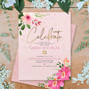 Bat Mitzvah Roze Waterverf Bloem Moderne Script Informatiekaartje