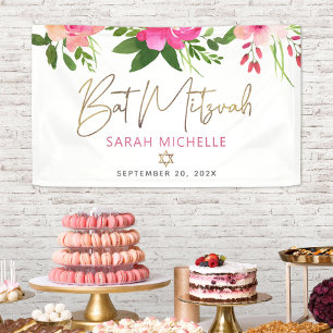 Bat Mitzvah Roze Waterverf Bloemengoud Schrift Spandoek