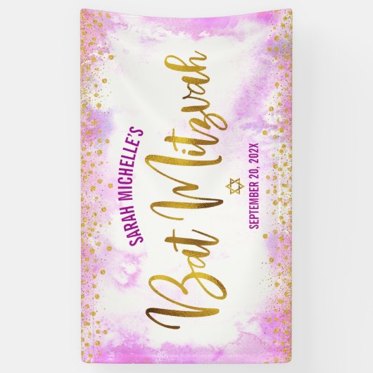 Bat Mitzvah roze waterverf girale folie script Spandoek (Verticaal)