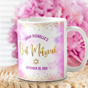 Bat Mitzvah Roze Waterverf Gouden Schrift Confetti Koffiemok