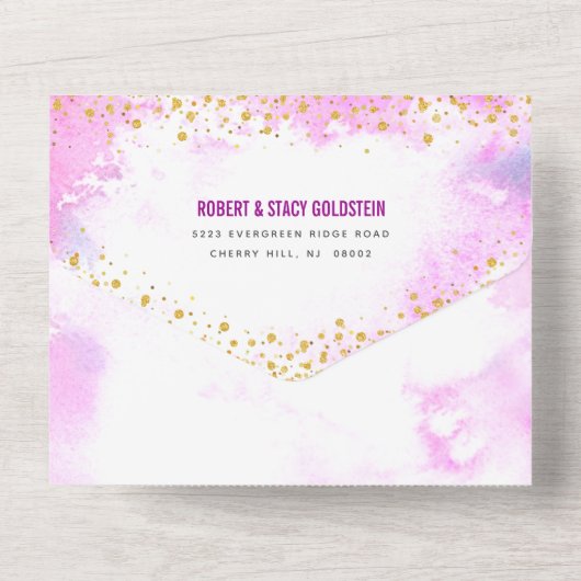 Bat Mitzvah roze waterverf goudschrift modern All In One Uitnodiging (Achterkant)