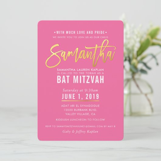 BAT MITZVAH  roze witgouden script SAMANTHA Kaart (Staand voorkant)