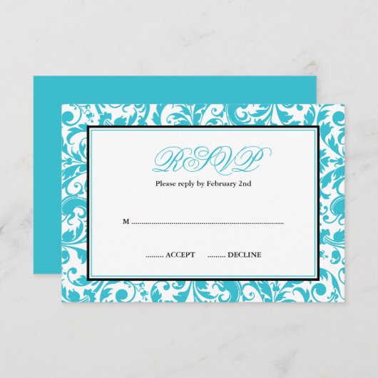 Bat mitzvah RSVP turquoise et noir Swirl Damask (Devant / Derrière)