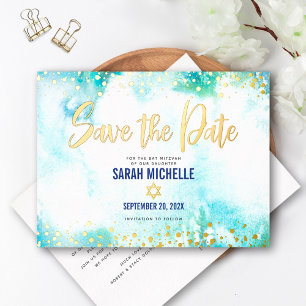 Bat Mitzvah Save Date Turquoise Waterverf Gold Folie Uitnodiging Briefkaart