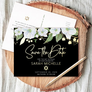 Bat Mitzvah Save the Date Bloemstuk Zwart Echt Gou Folie Uitnodiging Briefkaart