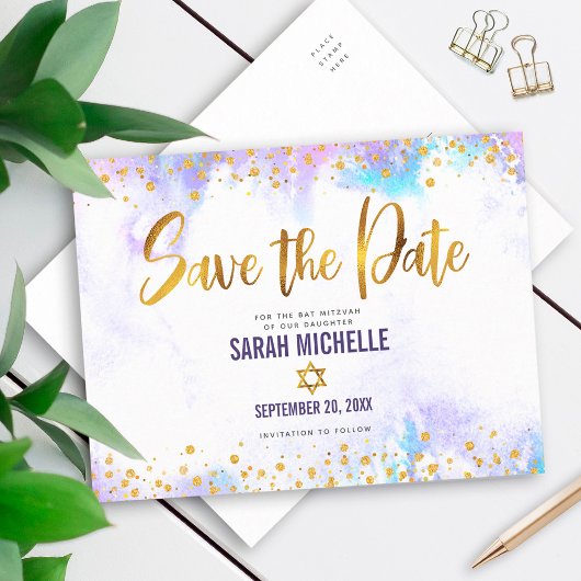 Bat Mitzvah Save the Date Gold Paars Waterverf Uitnodiging Briefkaart