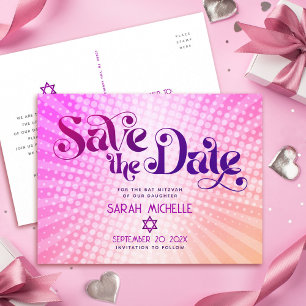 Bat Mitzvah Save the Date Retro Roze Oranje Ombre Uitnodiging Briefkaart