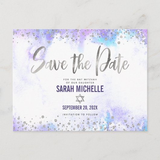 Bat Mitzvah Save the Date Silver Paarse Waterverf Uitnodiging Briefkaart (Voorkant)