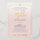 BAT MITZVAH  script bord roze ombre goud Folie Uitnodiging (Voorkant)
