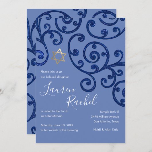 Bat mitzvah Scroll Motif Blue Invitation (Devant / Derrière)