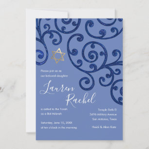 Bat mitzvah Scroll Motif Blue Invitation