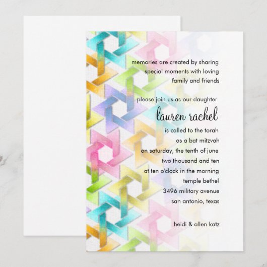 Bat Mitzvah Star van David Damask Kaart (Voorkant / Achterkant)