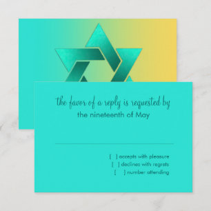 Bat Mitzvah ster van David geel aqua RSVP Kaartje