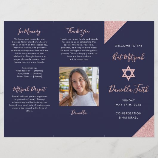 Bat Mitzvah Tri-Fold Program Navy Rose Gold  Flyer (Voorkant)