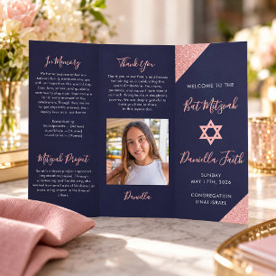 Bat Mitzvah Tri-Fold Programma Navy Rose Goud Flyer