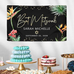 Bat Mitzvah Tropisch Palmblad Zwart Goud Welkom Spandoek