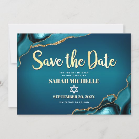 Bat Mitzvah Turquoise Agate Ombre Gold Script Chic Save The Date (Voorkant)