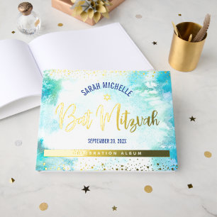Bat mitzvah Turquoise Aquarelle Script Gold Foil