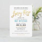 BAT MITZVAH turquoise blauw goud script LANEY ROOS Kaart (Staand voorkant)