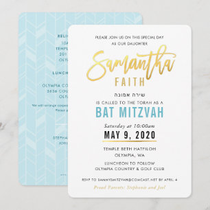 BAT MITZVAH turquoise blauw goud script SAMANTHA Kaart