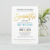 BAT MITZVAH turquoise blauw goud script SAMANTHA Kaart (Staand voorkant)