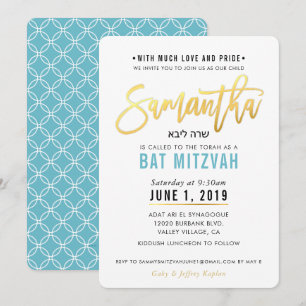 BAT MITZVAH turquoise blauw goud script SAMANTHA Kaart