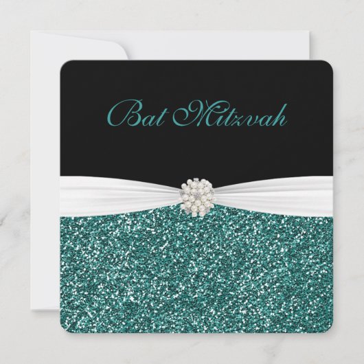 Bat Mitzvah, Turquoise Glitter, Uitnodigingen (Voorkant)