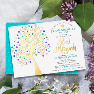 Bat Mitzvah Turquoise Levensboom van echt goud Folie Uitnodiging