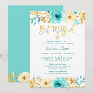 Bat Mitzvah Turquoise Mint Gold Floral Kaart