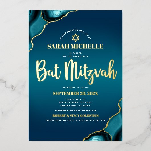 Bat Mitzvah Turquoise Ombre Agate Script Echt Goud Folie Uitnodiging (Voorkant)