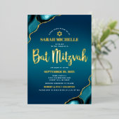 Bat Mitzvah Turquoise Ombre Agate Script Echt Goud Folie Uitnodiging (Staand Voorkant)