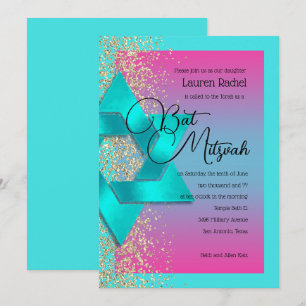 Bat Mitzvah Turquoise Pink ombre Faux Gold Glitter Kaart