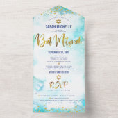 Bat Mitzvah Turquoise Watercolor Gouden Schrift Fe All In One Uitnodiging (Binnen)