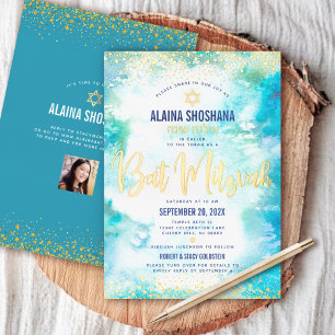 Bat Mitzvah turquoise waterverf foto echt goud Folie Uitnodiging