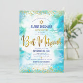 Bat Mitzvah turquoise waterverf gold folie script Kaart (Staand voorkant)