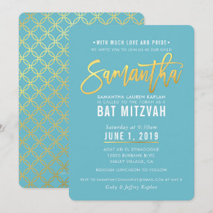 BAT MITZVAH turquoise witgouden script SAMANTHA Kaart