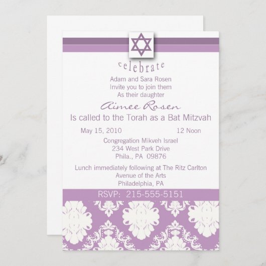 Bat Mitzvah Uitnodiging (Voorkant / Achterkant)