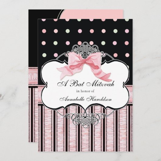 Bat Mitzvah Uitnodiging - Franse Bow Dot Swirl (Voorkant / Achterkant)