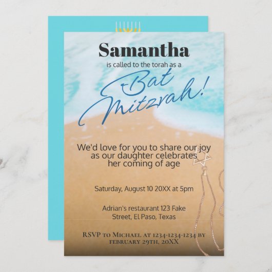 Bat mitzvah uitnodiging: Strand thema, QR Kaart (Voorkant / Achterkant)