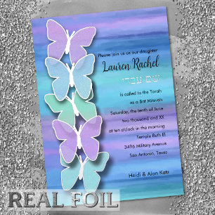 Bat Mitzvah Vlinder Turquoise Paarse Waterverf Folie Uitnodiging