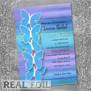 Bat Mitzvah Vlinder Turquoise Paarse Waterverf Folie Uitnodiging