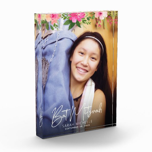 Bat Mitzvah Waterverf Floral Chic Script Keepomwil Fotoblokken (Links)