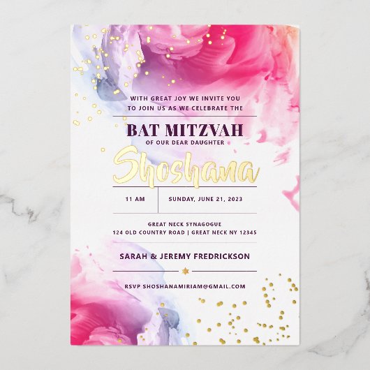 Bat Mitzvah Waterverf Glitter Invitation REAL Folie Uitnodiging (Voorkant)