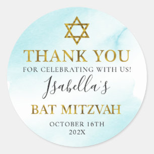 Bat Mitzvah Waterverf Pastel Blue Gold Hartelijk d Ronde Sticker