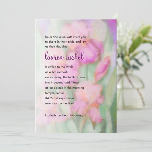 Bat Mitzvah Waterverf Roze Irises Kaart (Staand voorkant)
