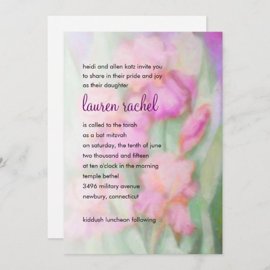 Bat Mitzvah Waterverf Roze Irises Kaart (Voorkant / Achterkant)