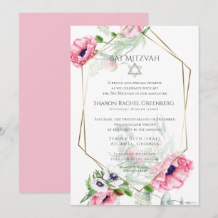 Bat Mitzvah Waterverf Roze papaver Verse 2 Kaart