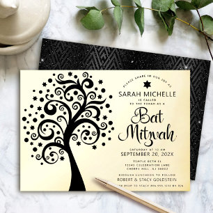 Bat Mitzvah Zwarte Boom des Levens Schrift Echte G Folie Uitnodiging