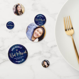 Bat Mitzwa 3 Foto Marineblauw Goud Glitterscript Confetti